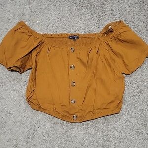 Brown Off-Shoulder Button-Front Crop Top